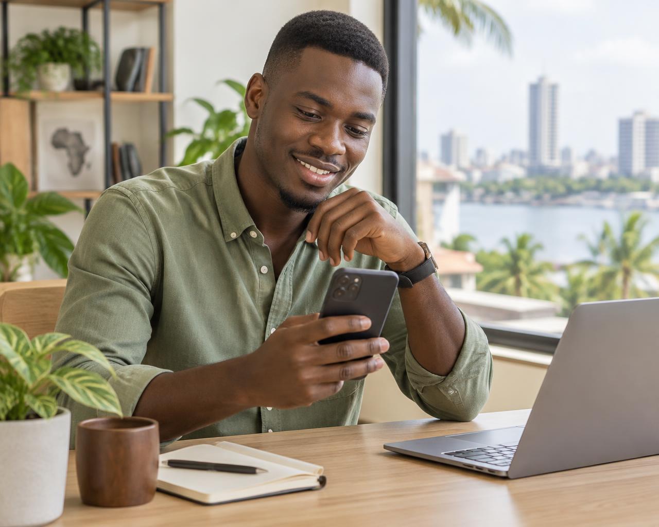 Un entrepreneur ivoirien travaille à distance avec son téléphone