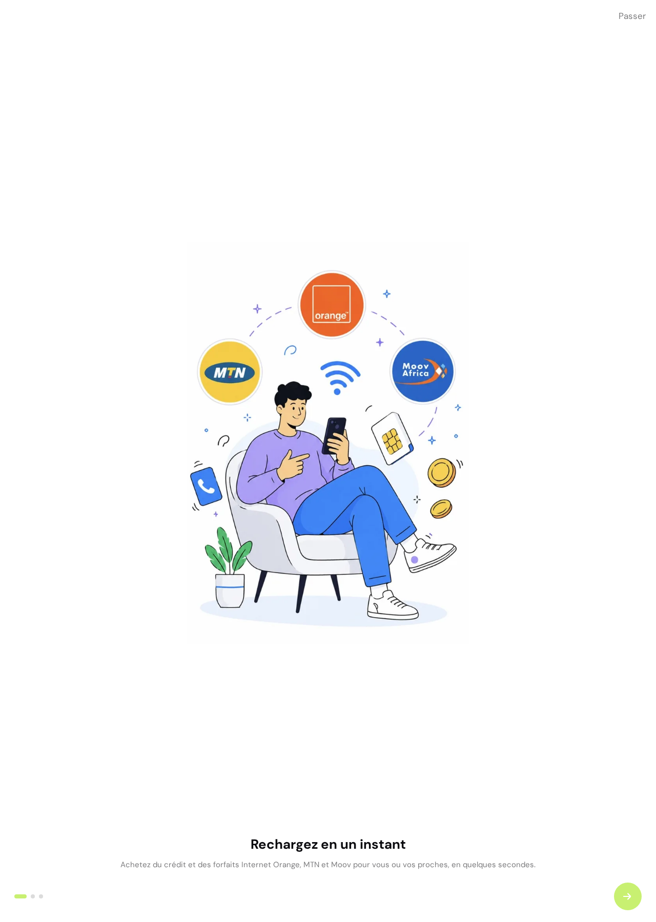 Capture réelle de l’accueil PayeDirect, présentant Orange, MTN et Moov